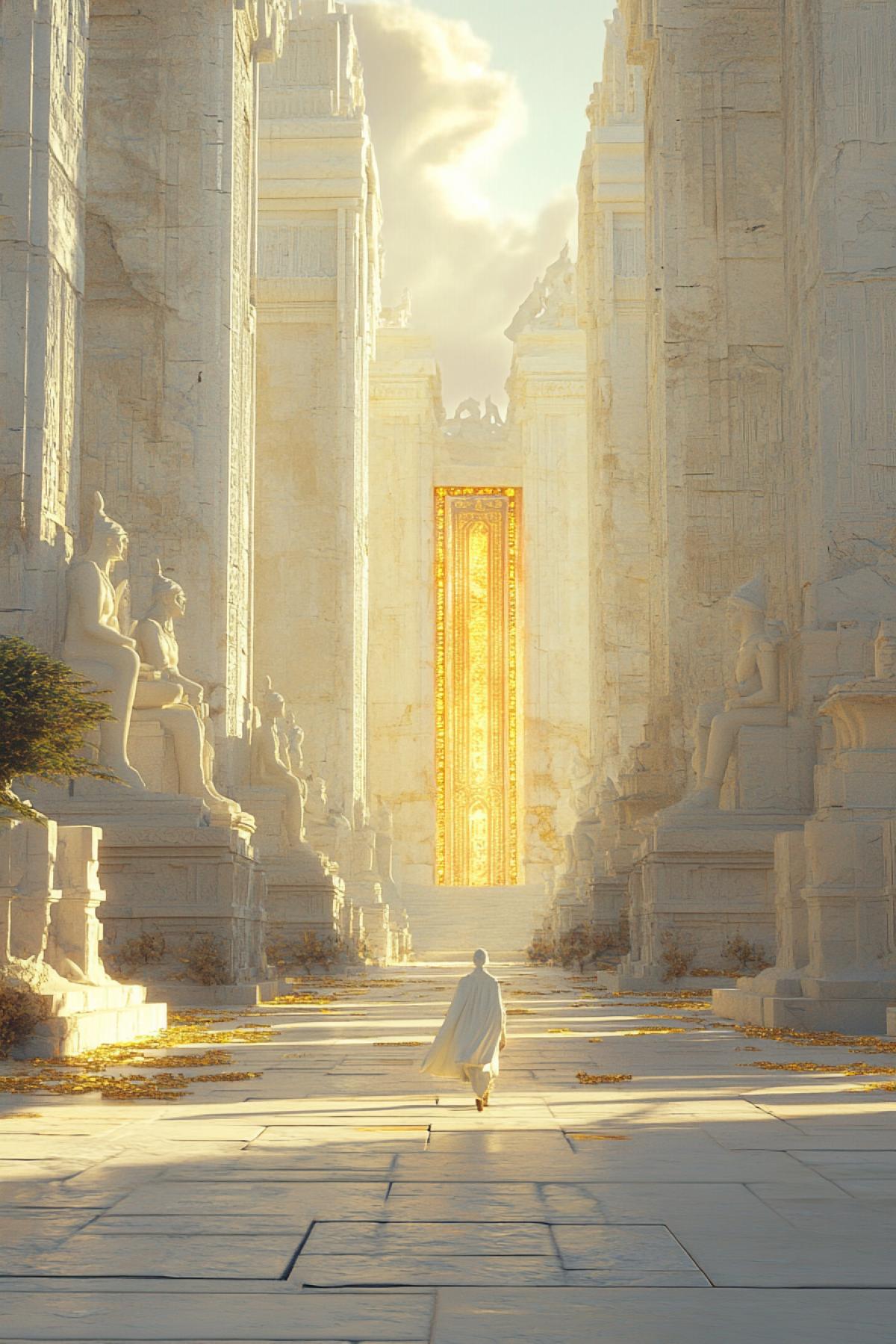 A mesmerizing lost city of white marble, where grand statues of forgotten gods tower above golden streets. But unlike ruins, this city is alivestatues subtly move when no one is looking, and golden vines grow along the pristine stone. Soft sunlight in water the grand avenues, reflecting off intricate mosaics that shimmer like liquid gold. In the distance, an immense temple with glowing sapphire doors stands as the heart of the divine city. A lone traveler, wearing a flowing white cloak, walks towards the temple, feeling the weight of unseen eyes watching. Cinematic com4k, hyperrealistic textures, ultra-HD 8K, (Masterpiece: 1.5), (best quality: 1.5), divine atmosphere, dramatic depth.