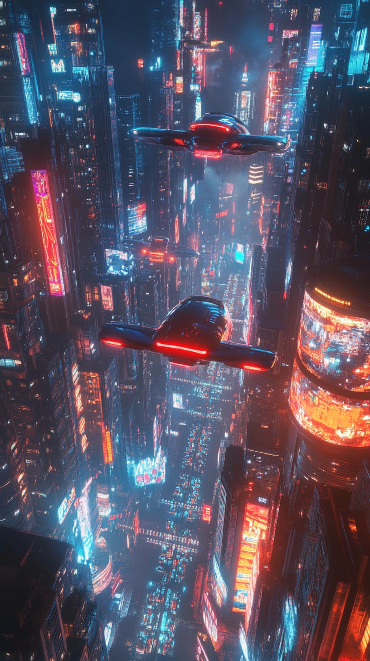 Flying cars soaring over a futuristic megacity at night, neon lights, cyberpunk, 8k
