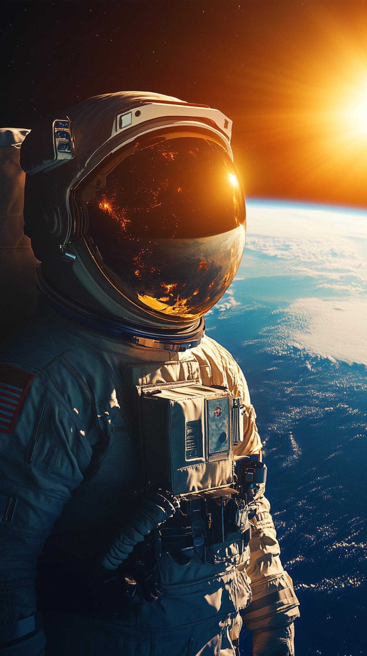 An astronaut in a spacesuit looks at Earth from space, sunlight, realistic, photorealistic