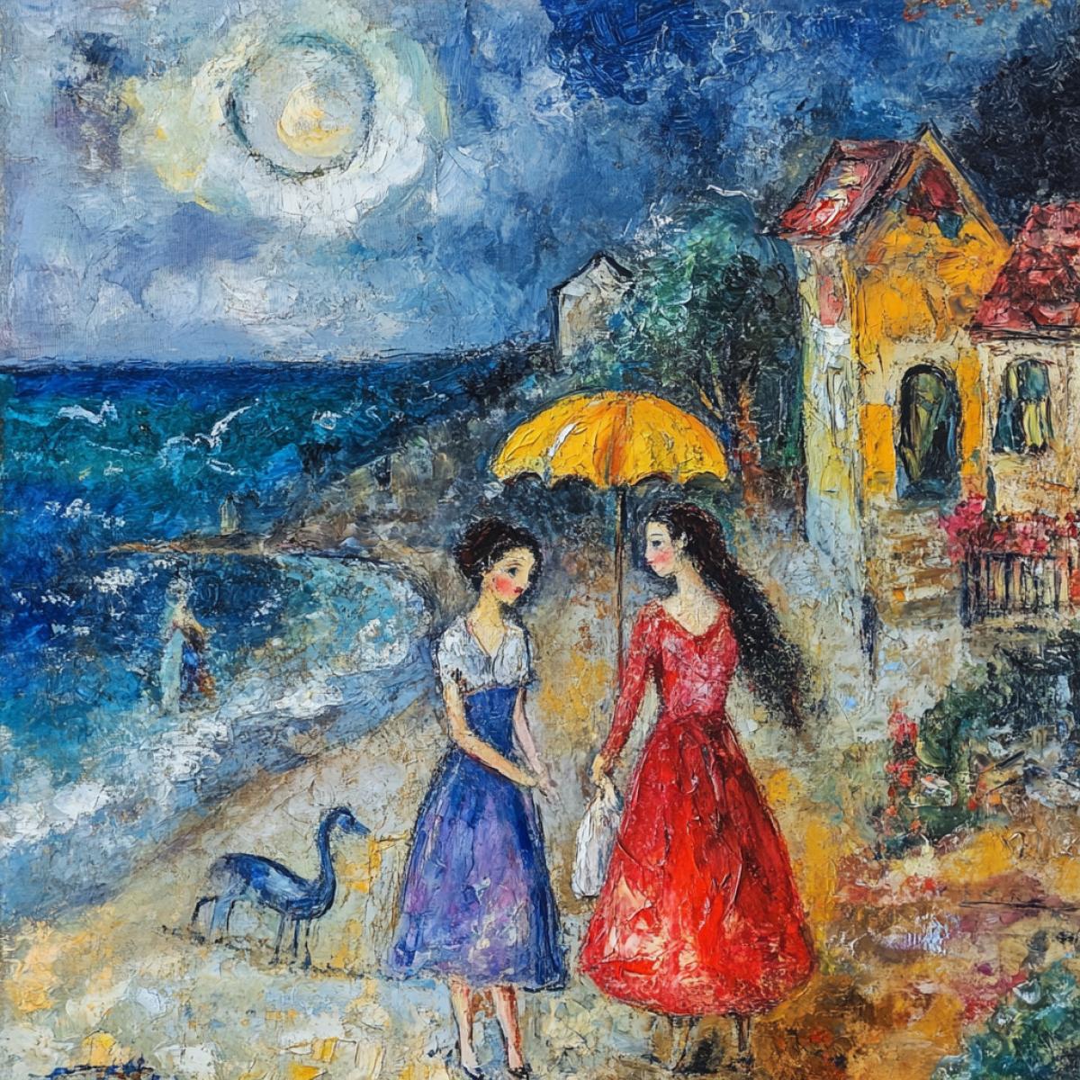 In the style of paintings, Mark Chagall. A world full of fairy tale and poetic images, women on the beach