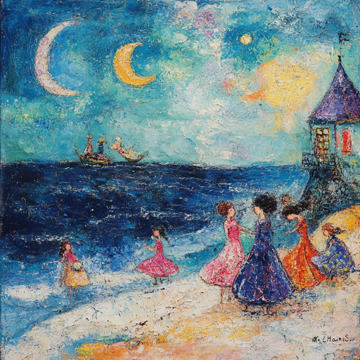 In the style of paintings, Mark Chagall. A world full of fairy tale and poetic images, women on the beach