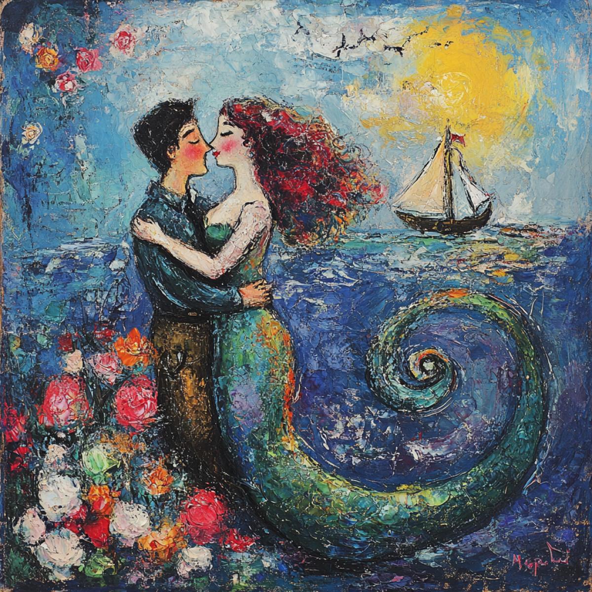 Picture Mermaid and sailor, in the style of Mark Chagall, a fabulous and poetic image
