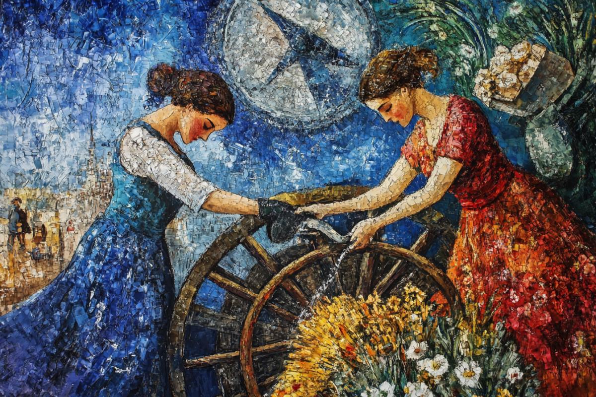 Wheel cleaning in sheaves by women manually. In the style of paintings, Mark Chagall. Surrealistic elements and dreamy images.