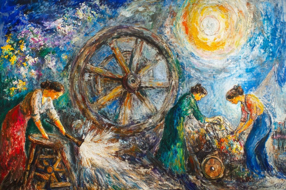 Wheel cleaning in sheaves by women manually. In the style of paintings, Mark Chagall. Surrealistic elements and dreamy images.