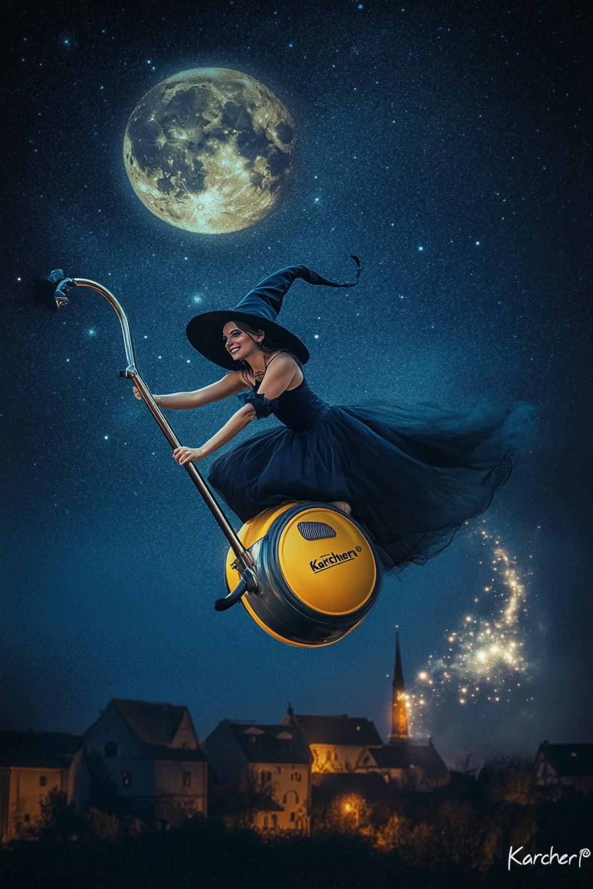 charming beautiful witch wearing pointed hat dark dress ideal shapes of beautiful eyes smiling riding the flying big yellow \"Kärcher\" brand vacuum cleaner with long hose in night moon starry sky over village high contrast art bright colours dynamics rush low view prospective