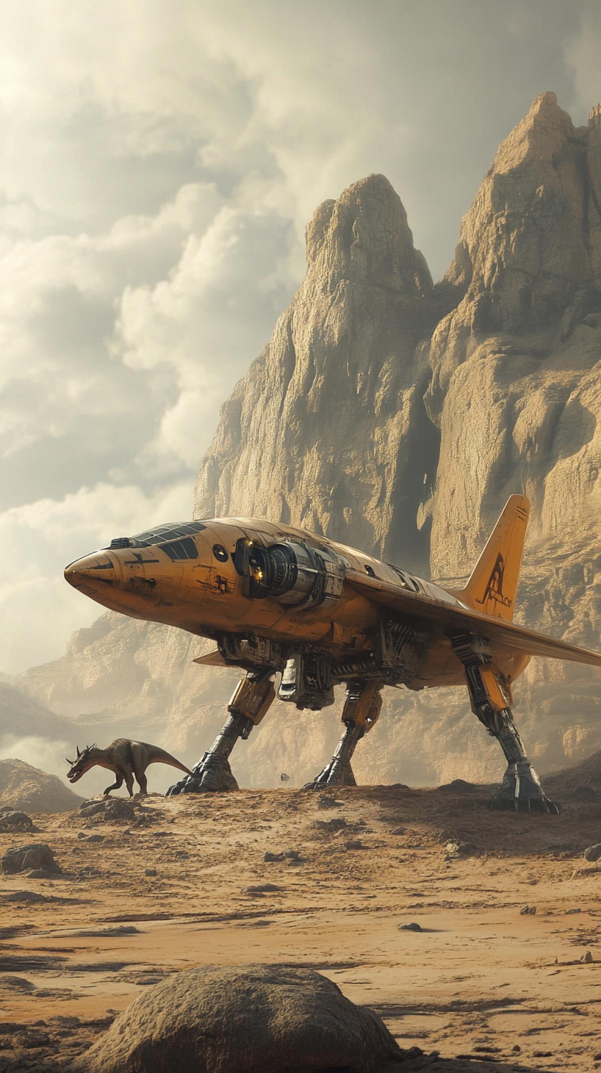 The photograph depicts a special, alien a plane with legs, a biomechanoid with the outlines of the aircraft and a dinosaur, located in a prehistoric landscape. The scene has a terrible, anxious atmosphere.
