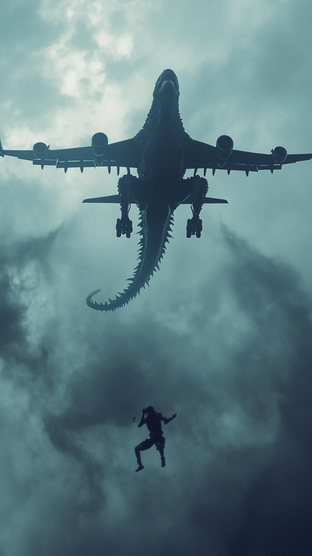 The photograph depicts a special, alien a plane with his legs, a biomechanoid with the outlines of the aircraft and Godzilla, located in the sky. The scene has a terrible, anxious atmosphere.
