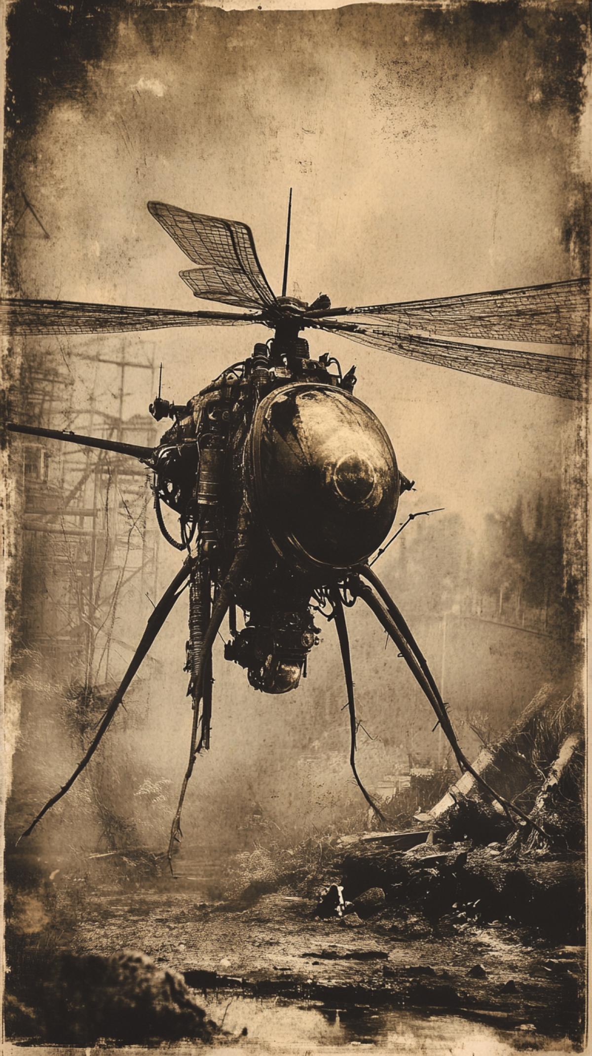 The old Sepia-toned photograph depicts a special helicopter like an alien, a biomechanoid with the outlines of a helicopter and a dragonfly located in a post-apocalyptic landscape. The scene has a terrible, anxious atmosphere.