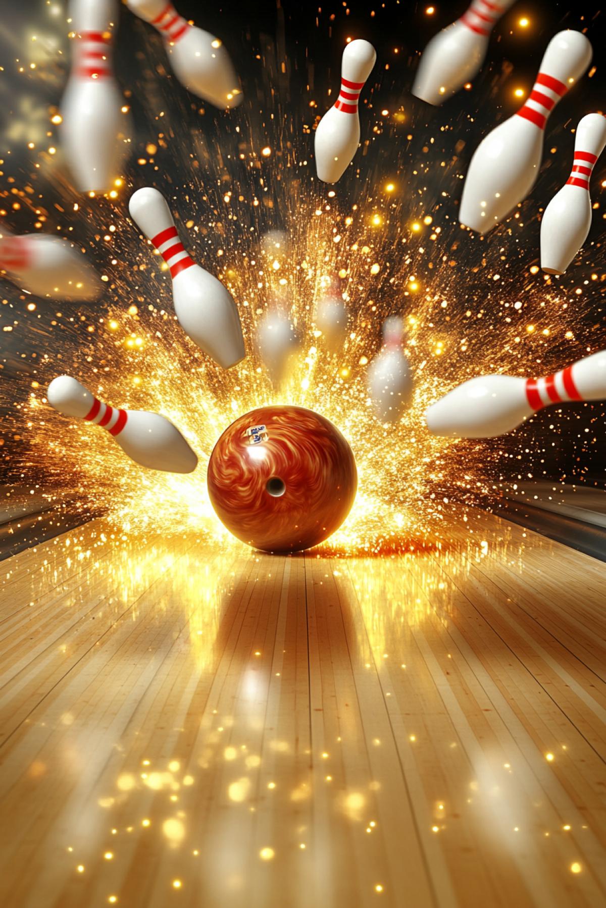 Bowling. Strike. ball at high speed crashed into the pins. Pins flying in different directions. Spectacular freeze frame.