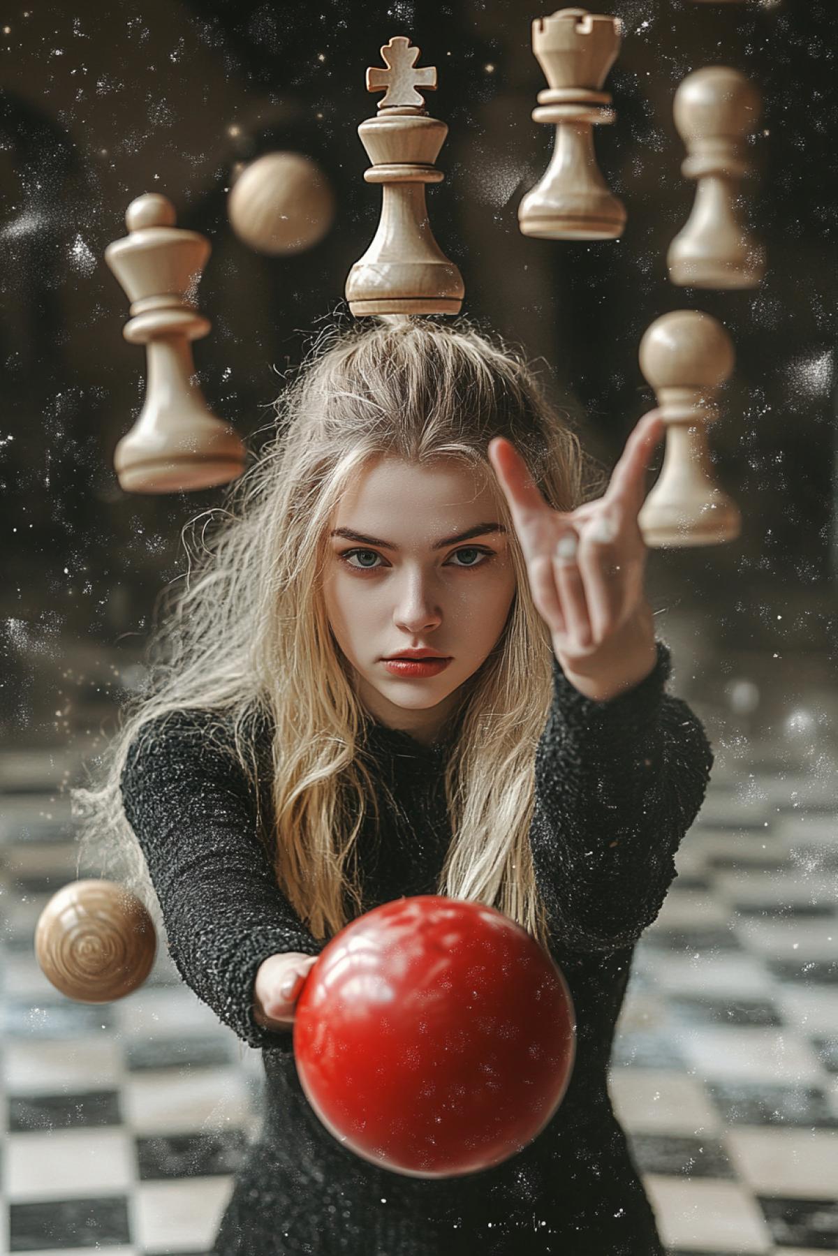 The chess queen plays bowling. Dynamics and throwing speed