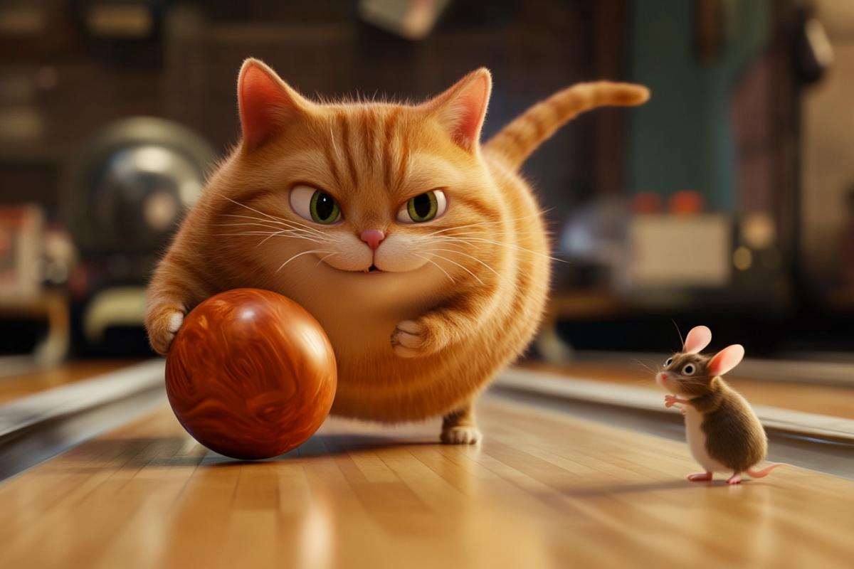 Fat cat rolls along the bowling path as a ball and knocks down mouse-cigls, Pixar style