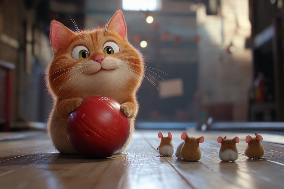 Fat cat rolls along the bowling path as a ball and knocks down mouse-cigls, Pixar style