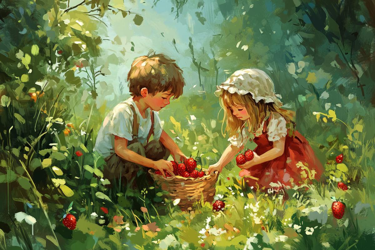 Red children collect strawberries in the forest, the boy is tired, the girl is joyful energetic, sunny clearing