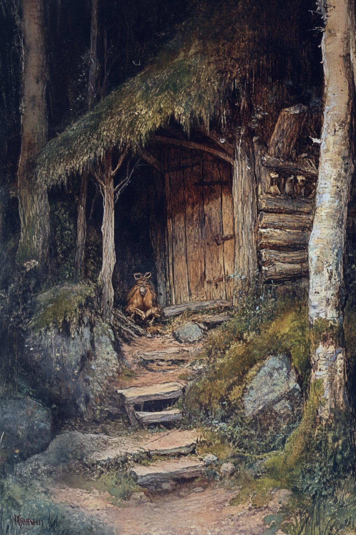 Iv4khka fool at the entrance to the hut on chicken legs, illustration for the Russian fairy tale about Baba Yaga