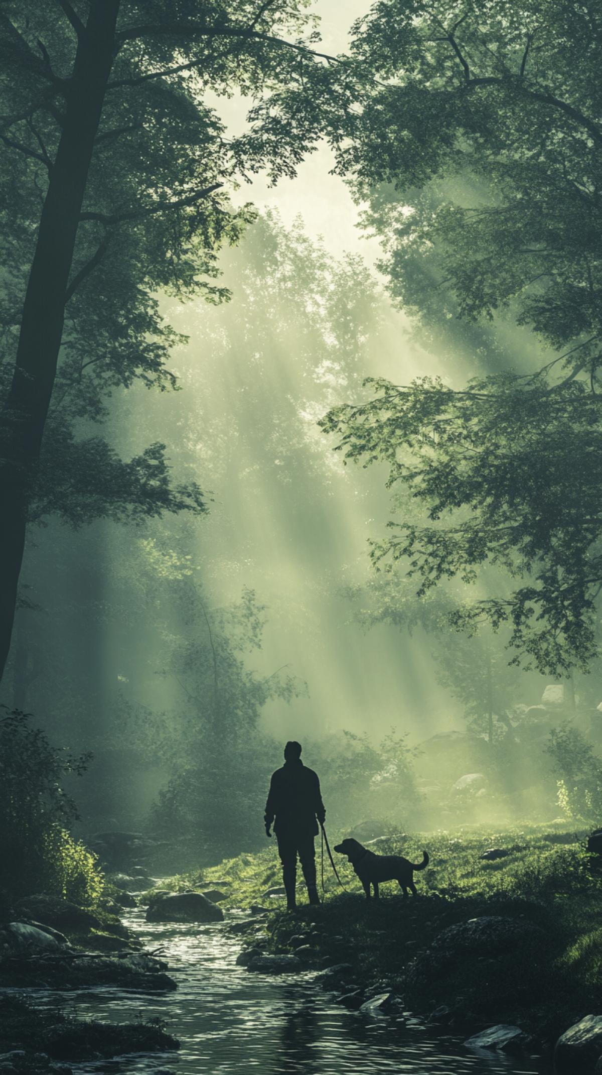Man and dog. A landscape depicting a forest in (dense fog:1.3). (river:1.3). colors green and gray, (sunlight streaming through the treetops:1.2). rtx,, (3d render:1.25), realistic, dark, epic, (detailed:1.22), textured, (intricate details:1.12), hdr, (intricate details, hyperdetailed:1.15), ((((cinematic look)))), soothing tones
