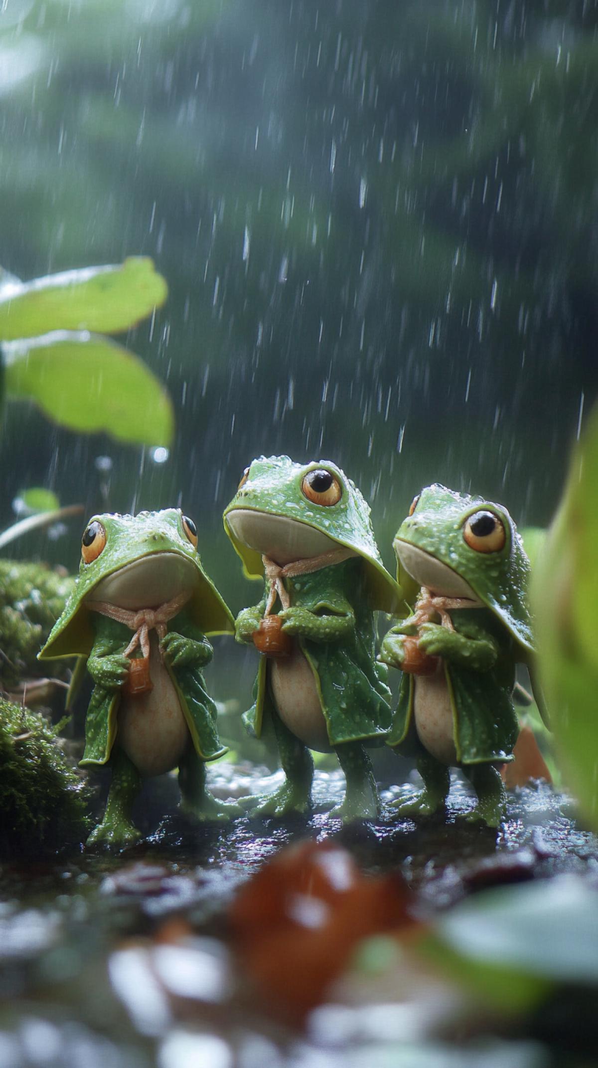 cartoon raincoat family of lizards lost in a forest in the rain. Photograph. Canon DSLR. Tilt shift.