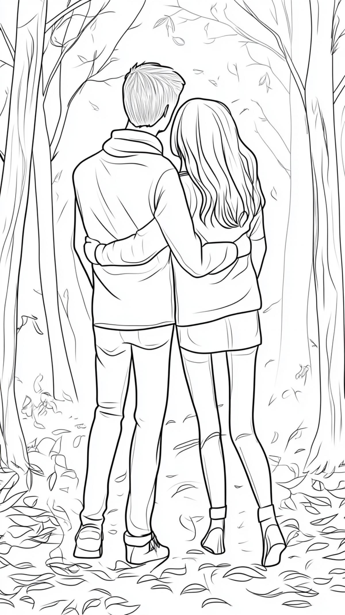 couple in love, coloring book style, very simple, cute style, clear and simple lines, only dark outline, thin lines, no color, no fill, forest background