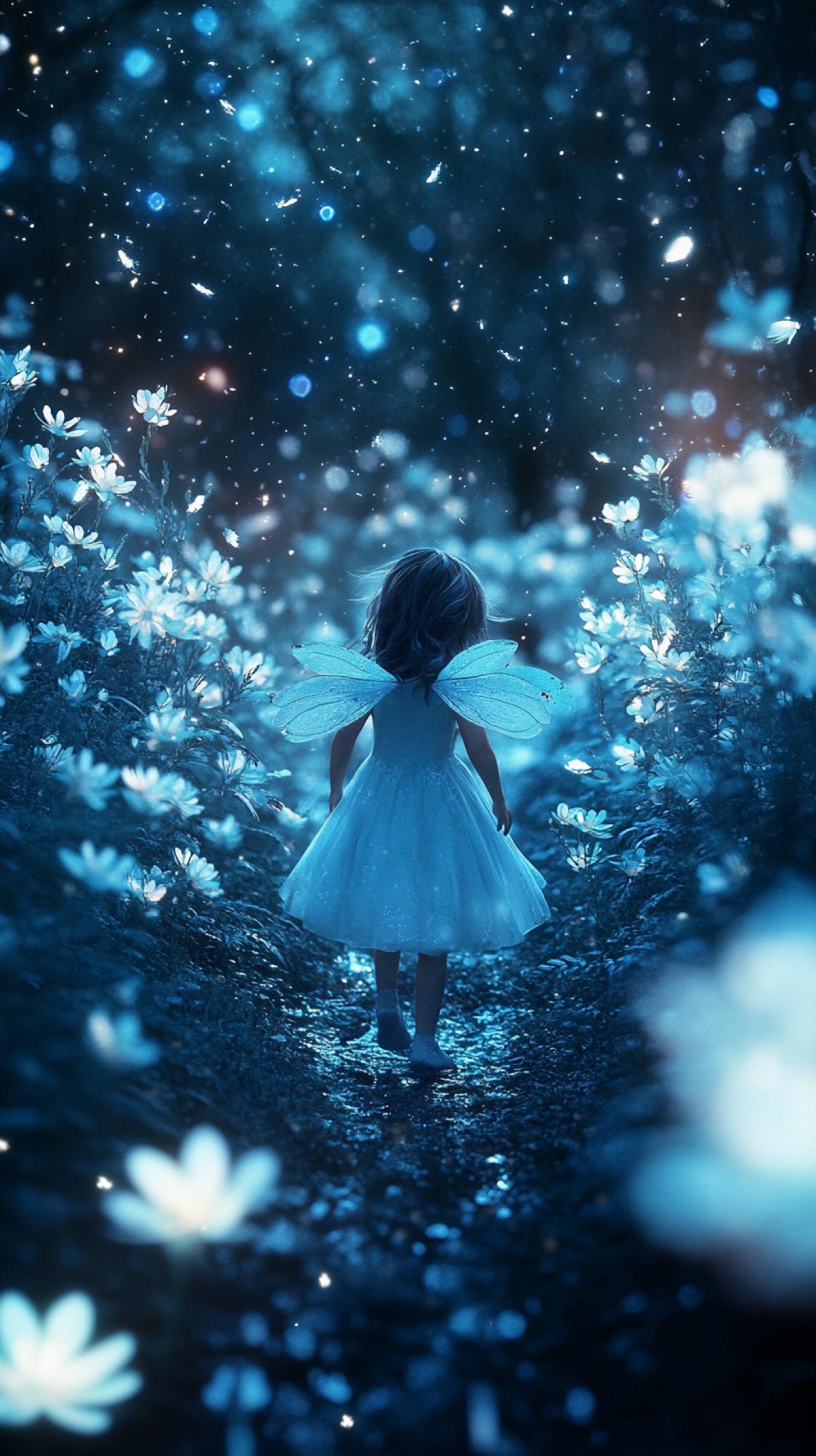 magic forest, walking little beautiful fairy child, fantasy flying flowers, dark background, blue sepia, 3d rendering, lush fluffy flowers made of turquoise snow, lots of small details, amazing, ultra detail, high resolution