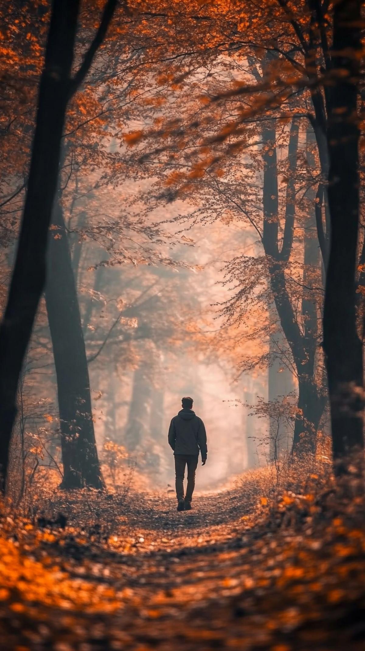 A mysterious forest in which a special atmosphere reigns. Your task is to create an image in which a person enjoys the moment in the forest. This can be either a secluded walk in the autumn or spring forest, and a meeting with forest inhabitants, and maybe a fantasy scene where nature and man merge into a single whole