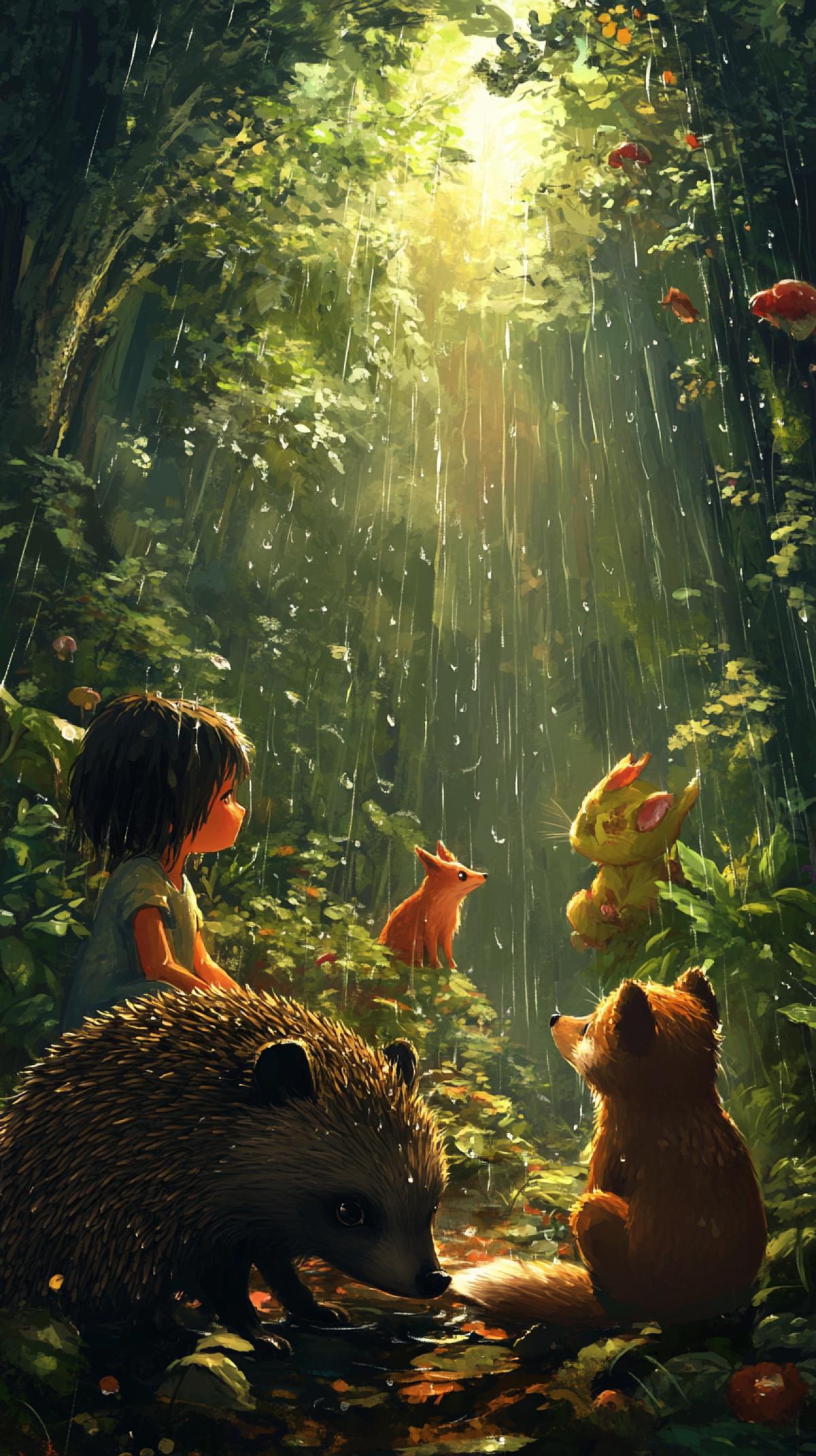 A mysterious forest, an image in which a person enjoys a moment in the forest. For example, a boy and a girl hit the rain, cheerful, rejoice in rain, met with forest inhabitants, for example a hedgehog, a fox, a hare, a bear, and maybe a fantasy scene where nature and a person merge into a single whole