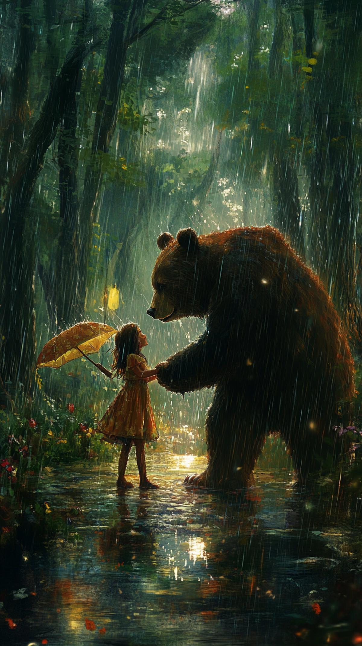 A mysterious forest, an image in which a person enjoys a moment in the forest. For example, a closeup boy and a girl hit the rain, funny, rejoice at rain, met with forest inhabitants, for example, a bear, and maybe a fantasy scene where nature and man merge into a single whole