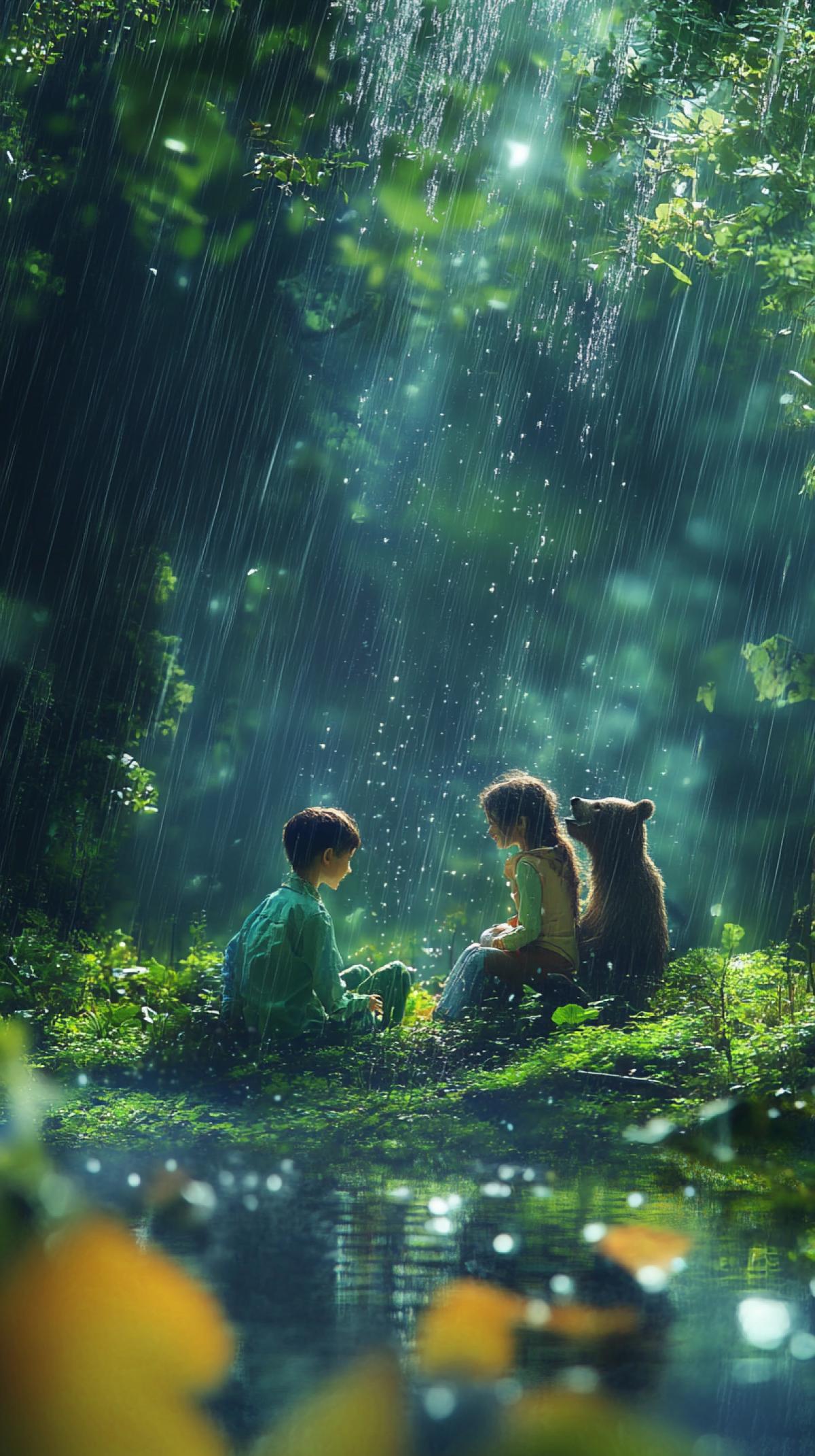 A mysterious forest, an image in which a person enjoys a moment in the forest. For example, a closeup boy and a girl hit the rain, funny, rejoice at rain, met with forest inhabitants, for example, a bear, and maybe a fantasy scene where nature and man merge into a single whole