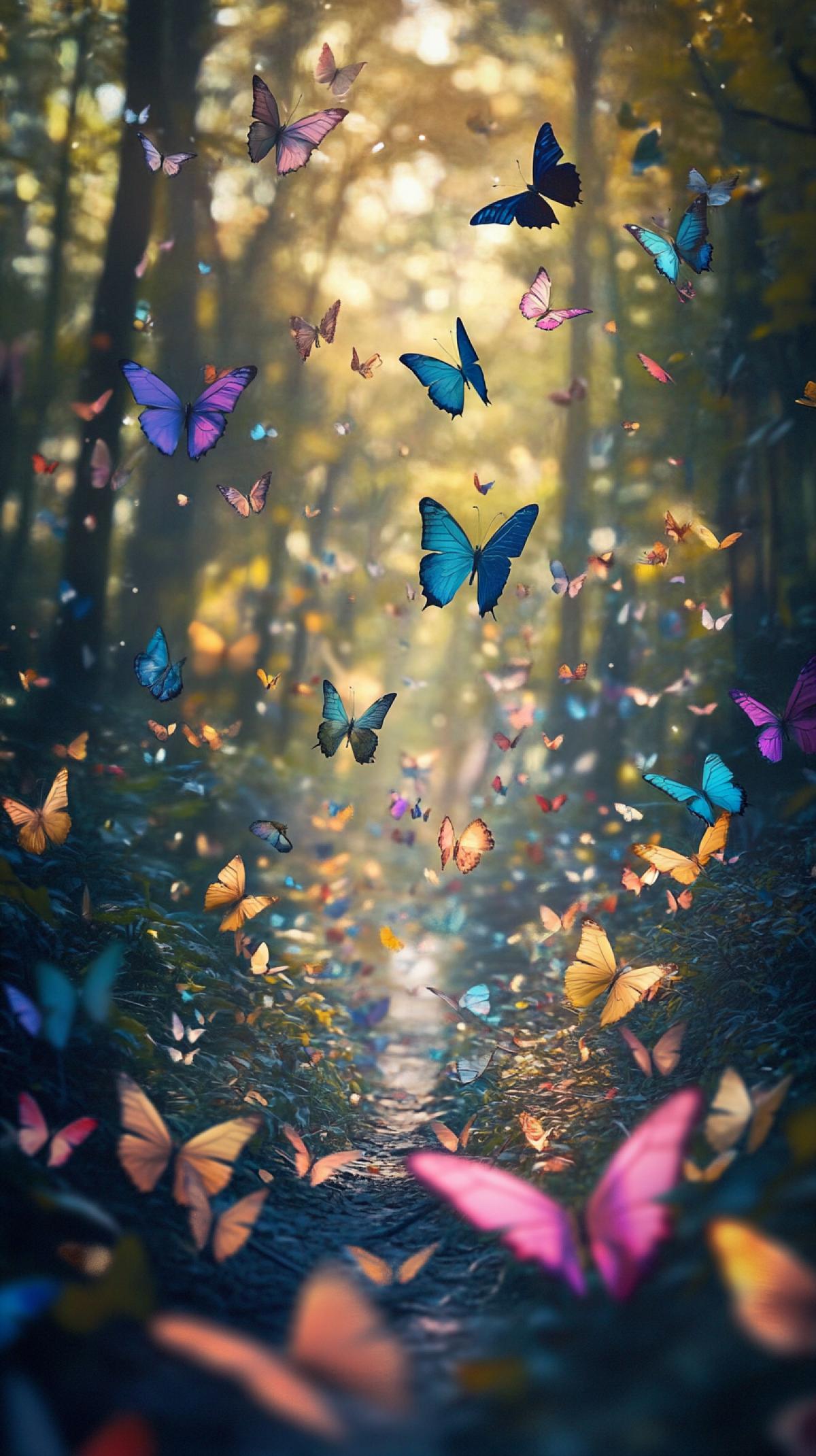 A mysterious forest, an image on which multicolored butterflies enjoy the moment in the forest where nature and butterflies merge into a single whole