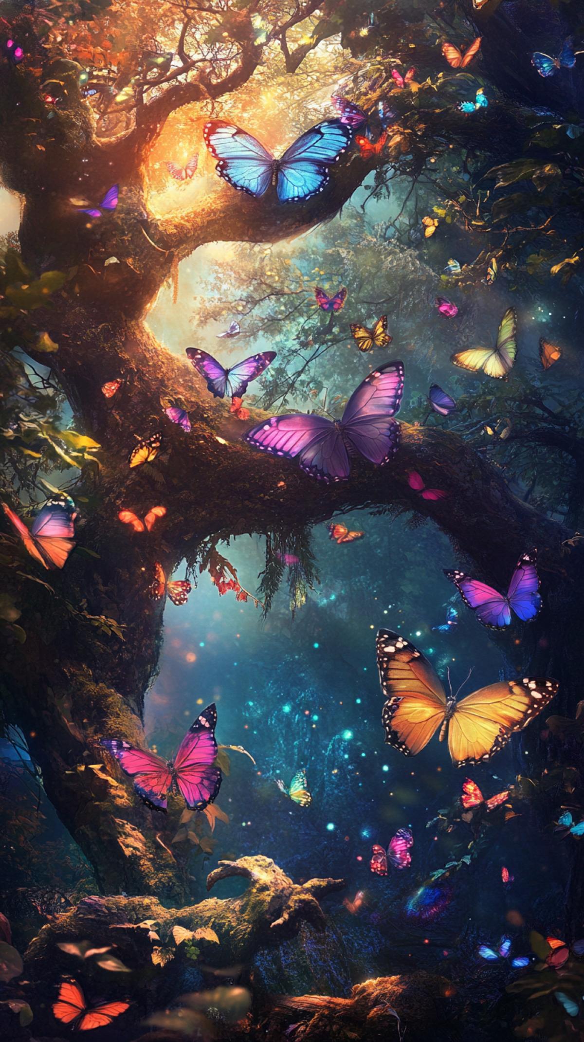 A mysterious forest, an image on which multicolored butterflies enjoy the moment in the forest where nature and butterflies merge into a single whole