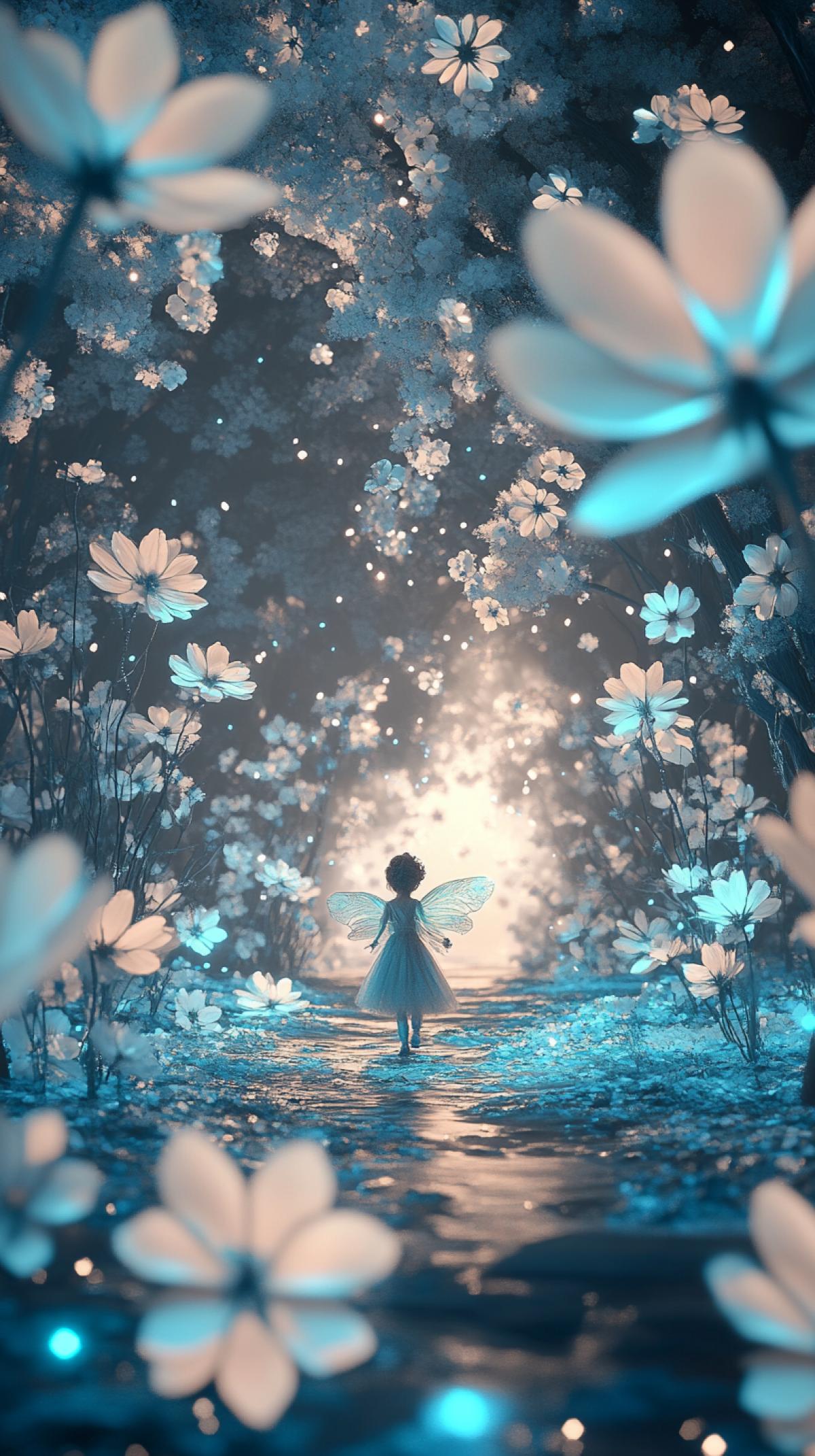 magic forest, walking little beautiful fairy child, fantasy flying flowers, dark background, blue sepia, 3d rendering, lush fluffy flowers made of turquoise snow, lots of small details, amazing, ultra detail, high resolution