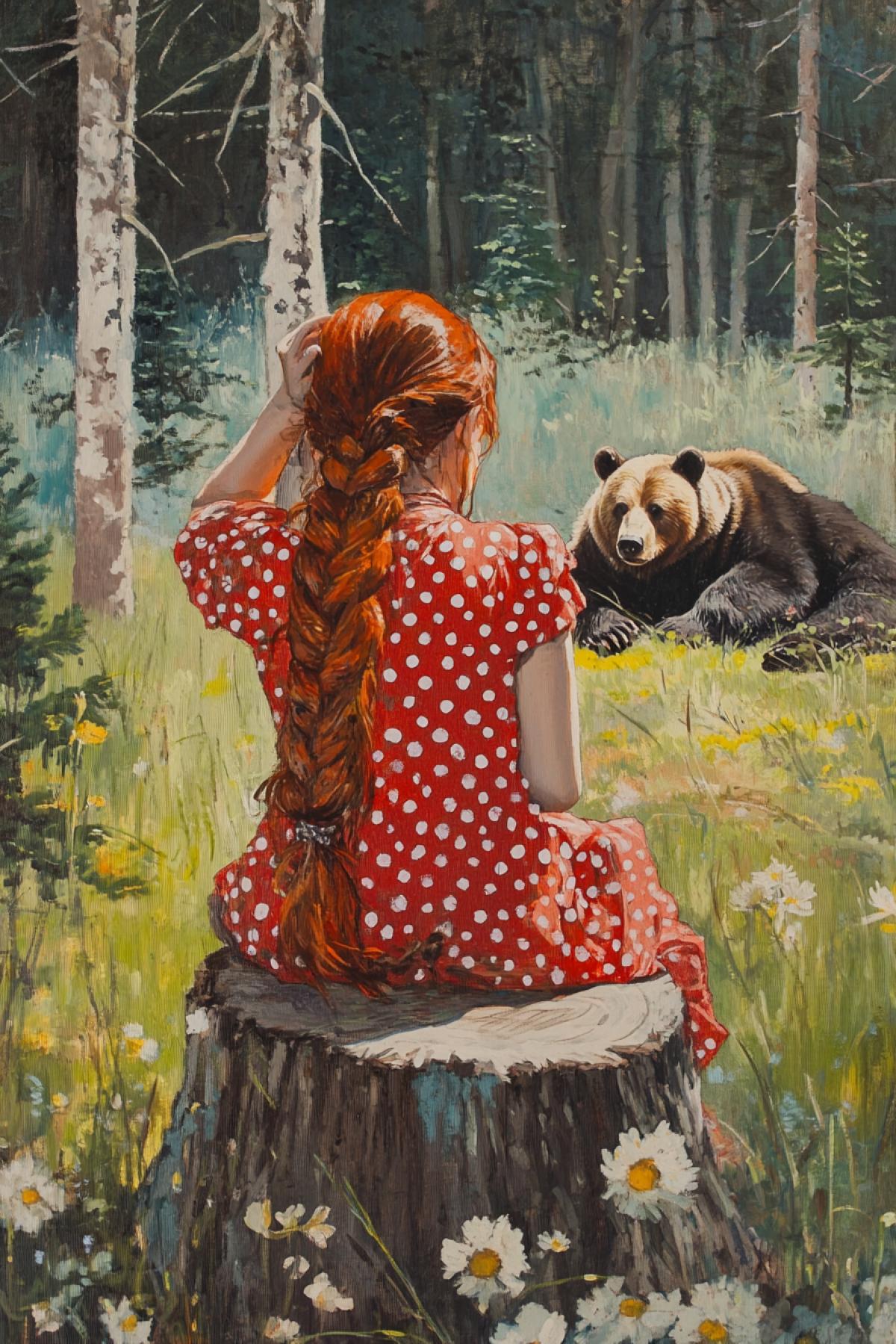 Leshius in a red braid in polka dots sits on a stump on a forest sunny lawn and scratches the back of the head, a bear sleeps nearby