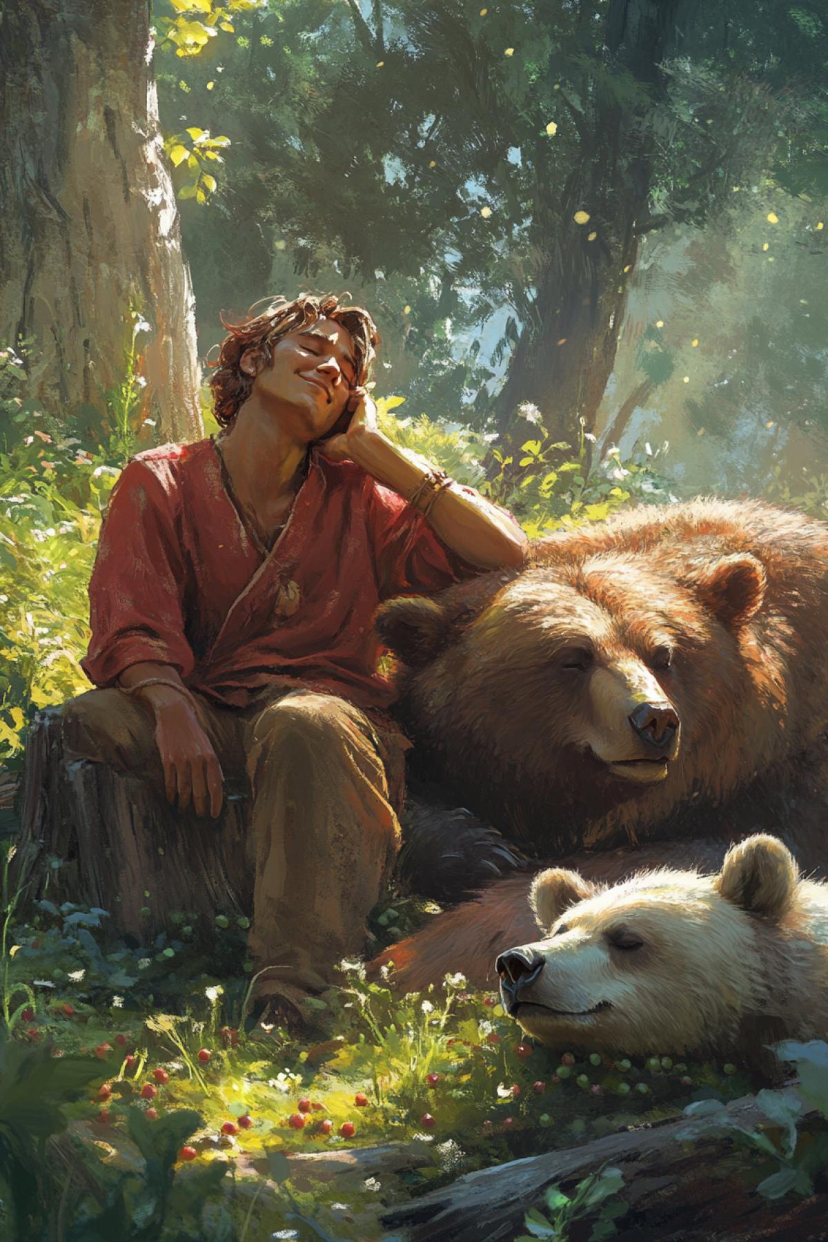 Leshius in a red shirt in peas sits on a stump on a forest sunny lawn and scratches the nape joyfully, a bear sleeps nearby