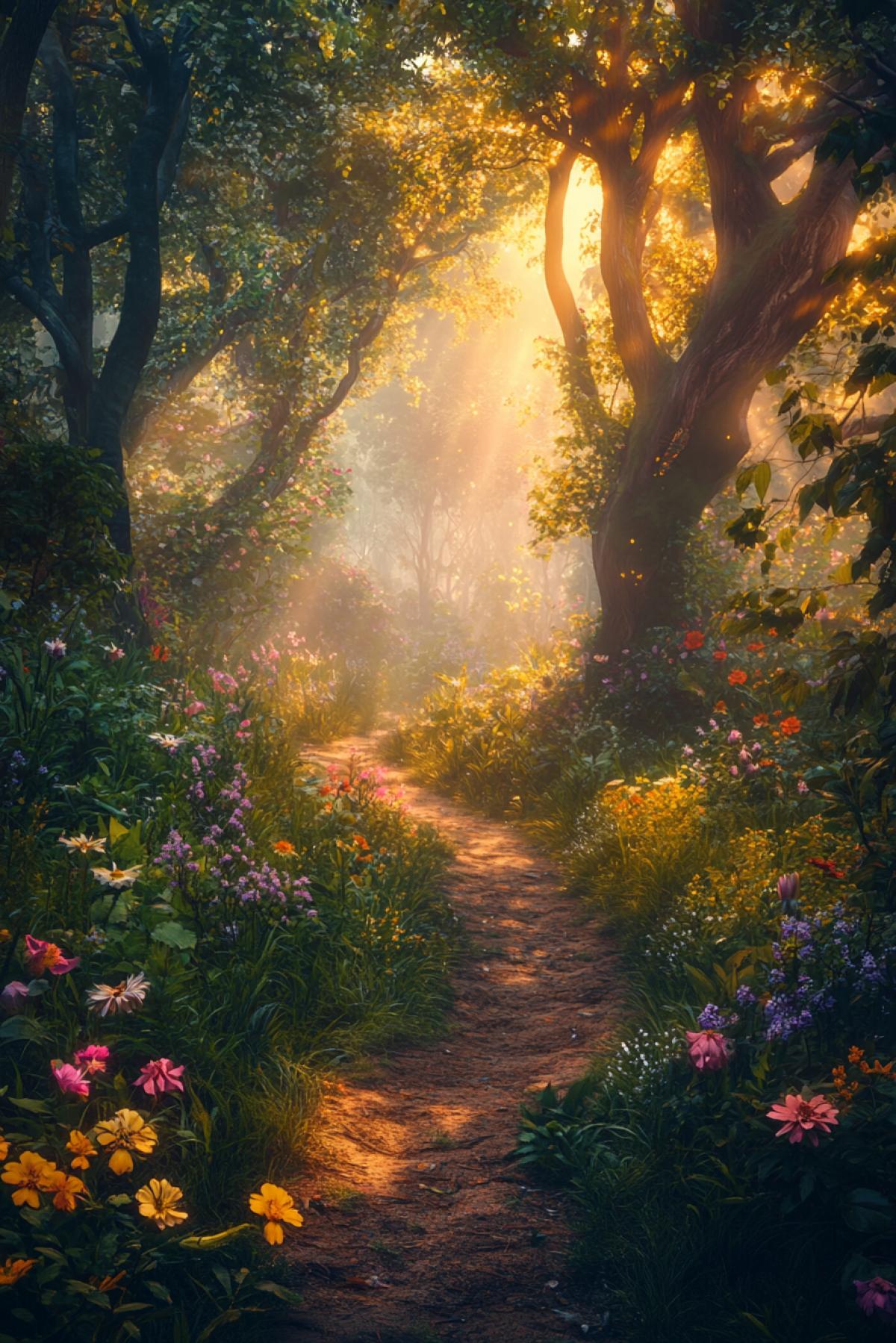 A magical forest walk during sunrise, glowing mist swirling around ancient trees, vibrant flowers blooming along the path, soft golden light filtering through the leaves, ethereal atmosphere, fantasy style, detailed, high contrast, 8K resolution.