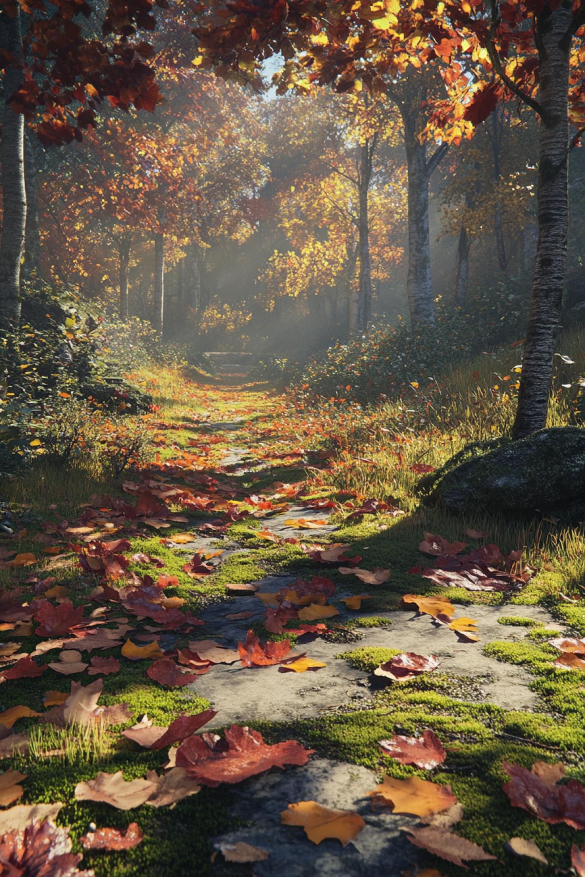 Walking through a serene autumn forest, golden and crimson leaves scattered along the moss-covered path, crisp air, warm sunlight casting long shadows, realistic style, high detail, 8K resolution.