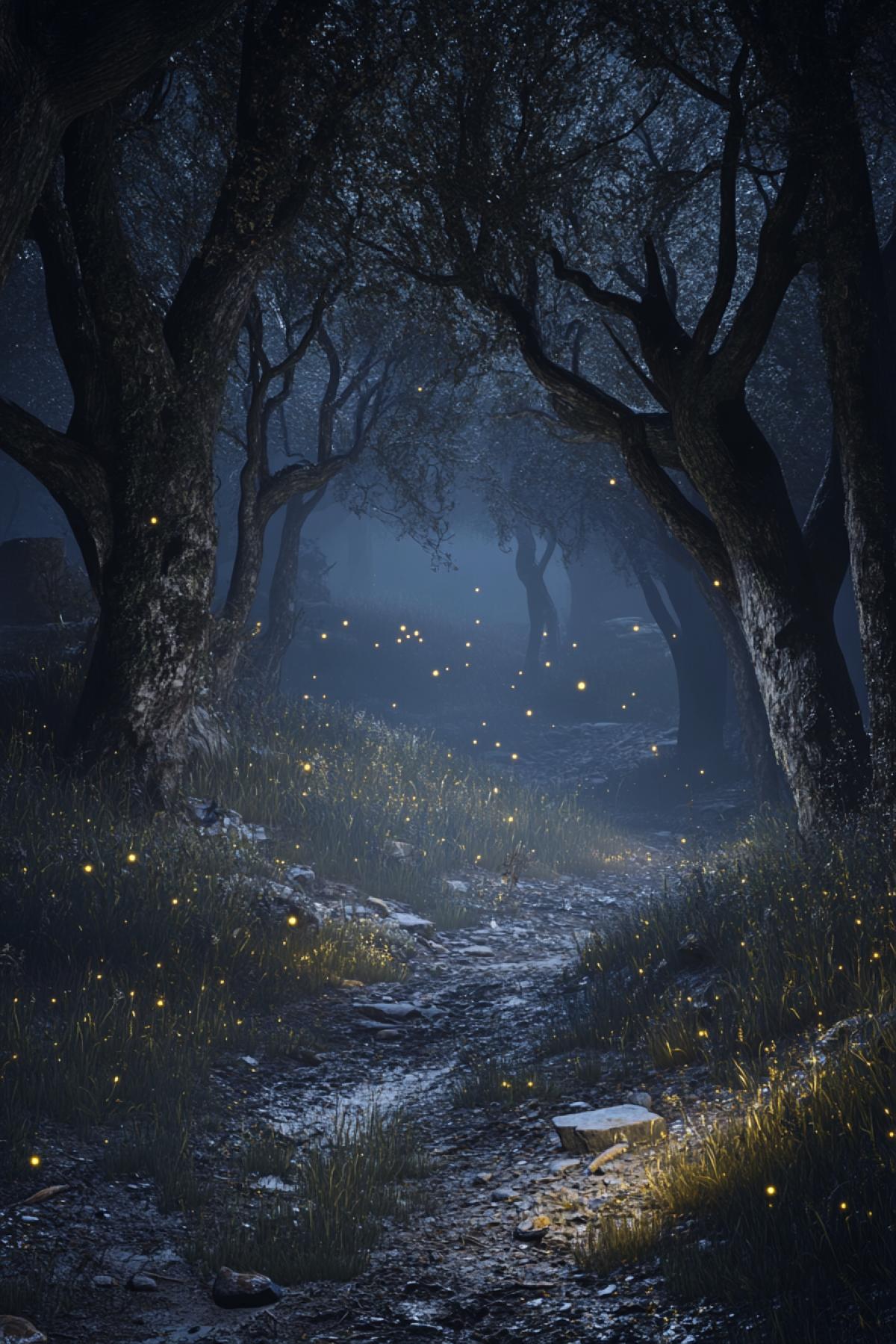 Walking through a dark, mysterious forest at twilight, fog drifting between twisted trees, faint glimmers of light from fireflies, otherworldly atmosphere, enchanted mood, cinematic style, highly detailed, 8K resolution.
