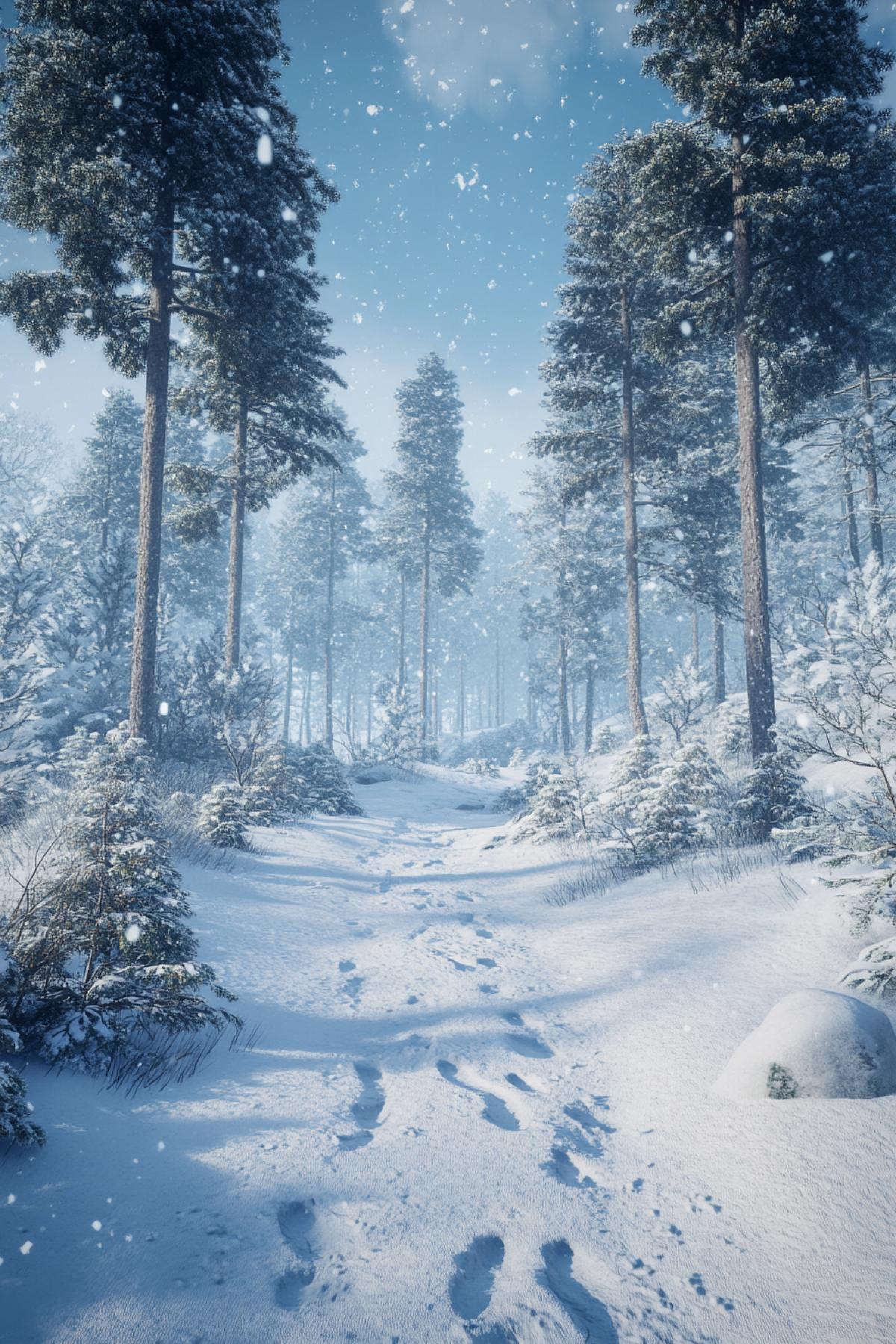 Exploring a Nordic pine forest in winter, snow lightly falling, tall evergreen trees covered in frost, footsteps crunching in the snow, cool blue tones, serene and peaceful mood, photorealistic style, high detail, 8K resolution.