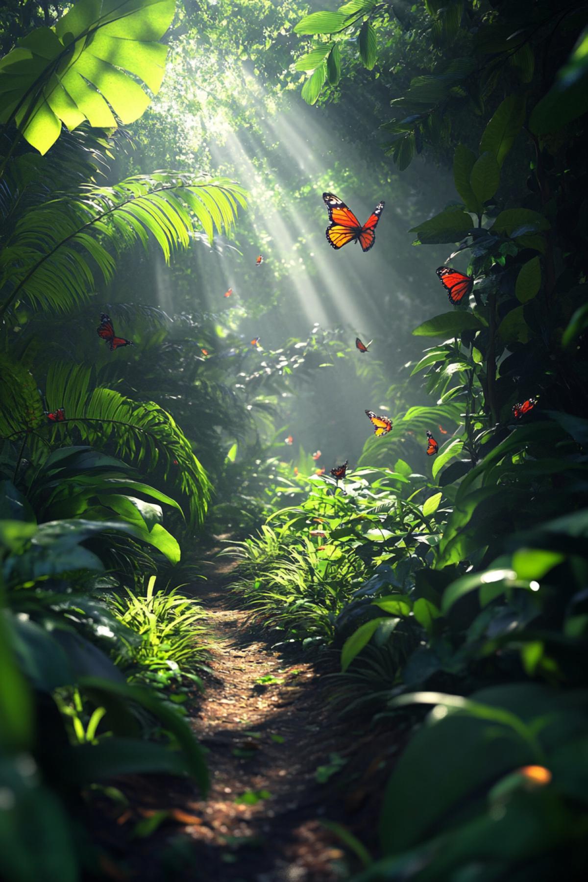 Walking through a lush, tropical rainforest, vibrant green foliage surrounding the narrow trail, beams of sunlight piercing through the dense canopy, birds and butterflies fluttering around, vibrant colors, rich textures, hyper-realistic style, 8K resolution.