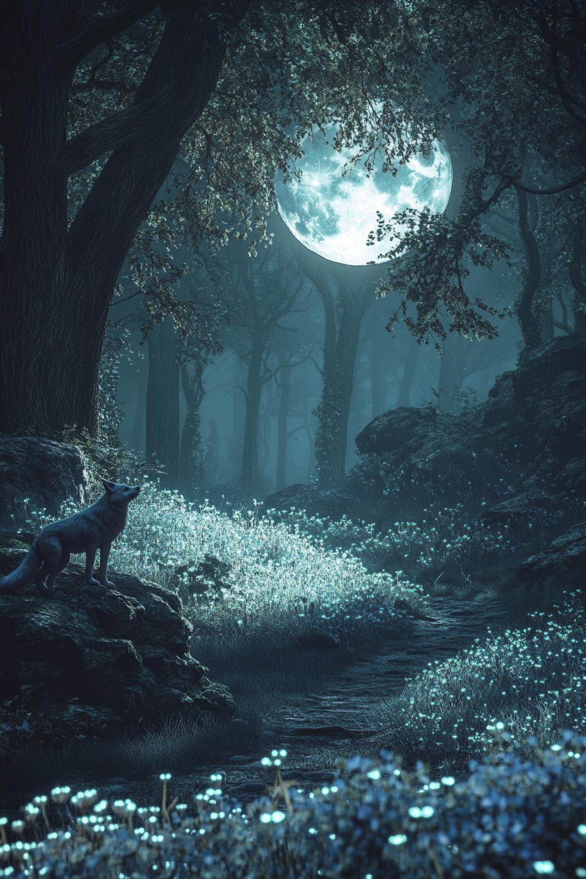 A mystical forest under a full moons glow. Silver light filters through twisted branches, casting intricate shadows on the ground. Bioluminescent flowers bloom amidst the darkness, illuminating a narrow path that leads to a crystalline lake. A lone wolf howls at the moon from a rocky outcrop. Hyperrealistic textures, cinematic com4k, (Masterpiece: 1.5), (best quality: 1.5), ultra-HD 8K, ethereal atmosphere, dramatic depth.