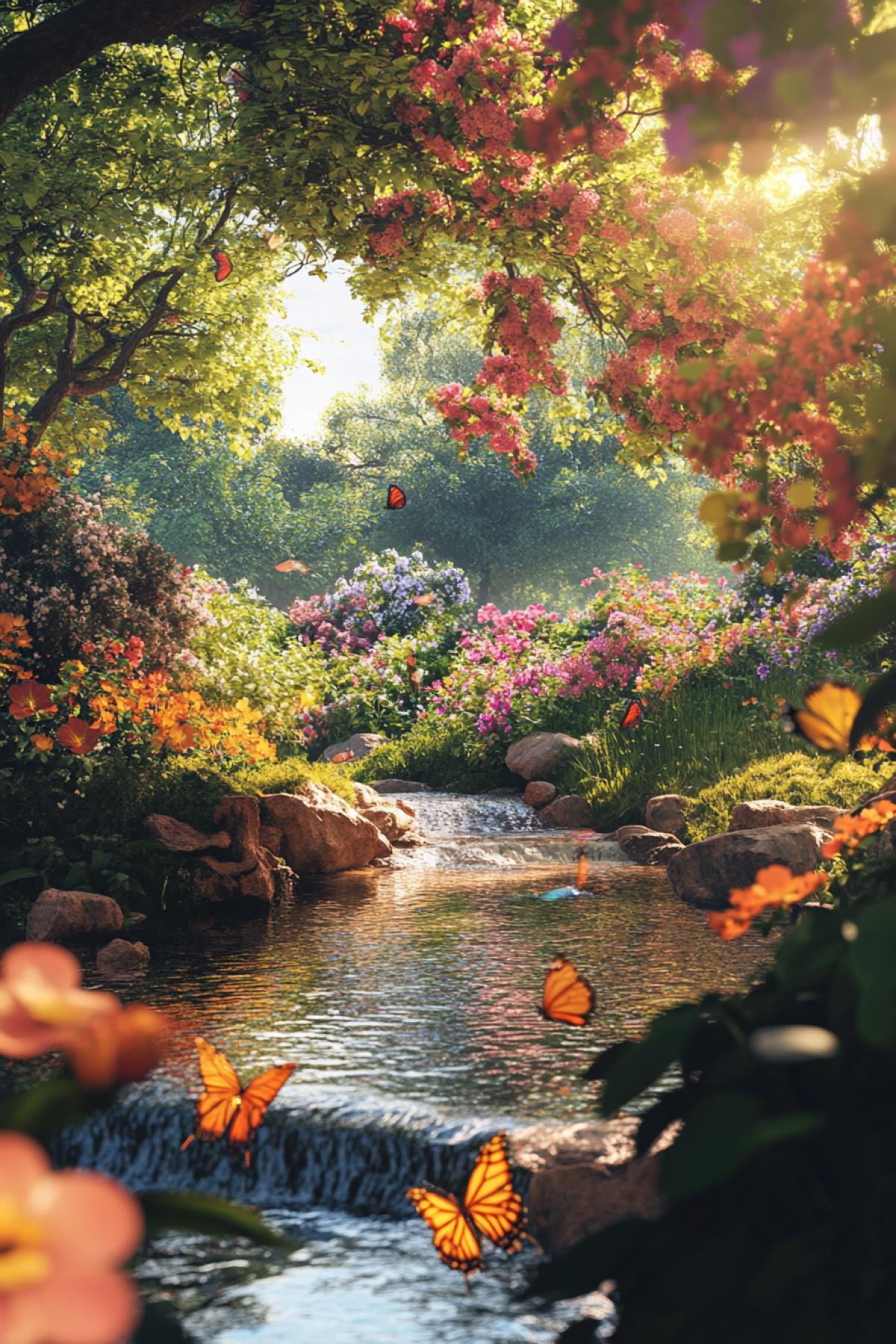 A lush spring forest in full bloom, where vivid flowers and fresh green leaves create a vibrant tapestry of life. Bees and butterflies dance among the blossoms. A serene creek flows gently, reflecting the bright, clear sky. Sunlight filters through the canopy, creating intricate patterns of light and shadow. Hyperrealistic textures, cinematic com4k, (Masterpiece: 1.5), (best quality: 1.5), ultra-HD 8K, peaceful atmosphere, dramatic depth.
