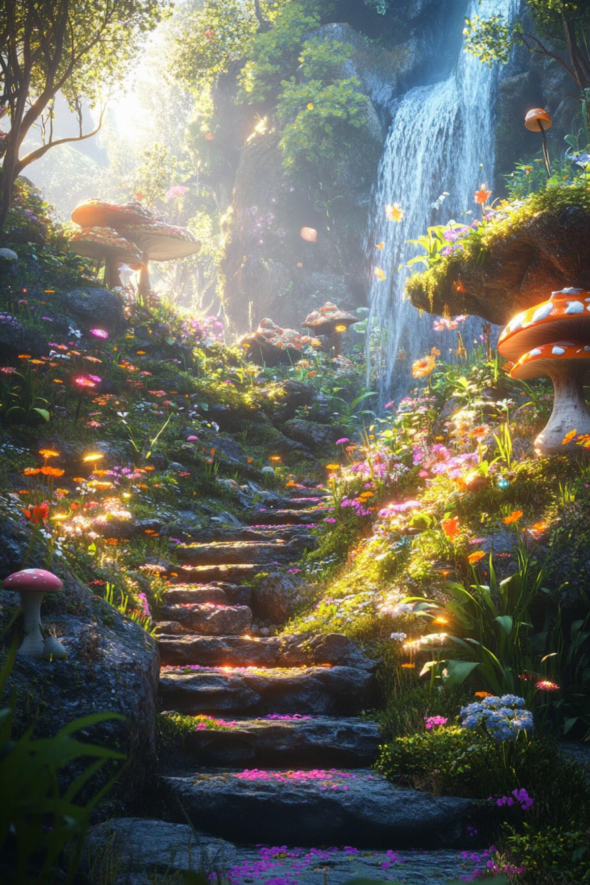 A magical, enchanted forest bathed in soft, golden morning light. Lush greenery and vibrant flowers bloom along the moss-covered ground. Bioluminescent mushrooms emit a faint, ethereal glow. A narrow winding path leads to a mysterious glade where a gentle waterfall cascades over ancient stones. Hyperrealistic textures, cinematic com4k, (Masterpiece: 1.5), (best quality: 1.5), ultra-HD 8K, divine atmosphere, dramatic depth.