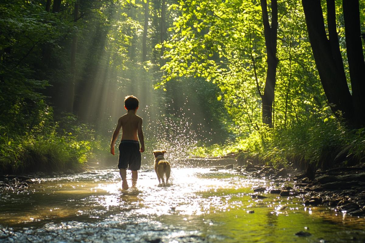 Forest walk of a boy with a dog, sunlight through the trees play rays in a stream where fish splashes