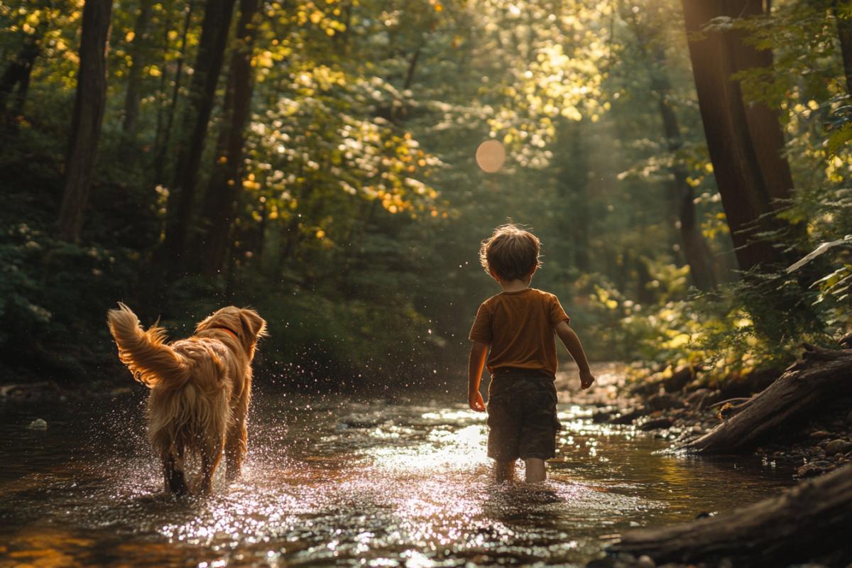 Forest walk of a boy with a dog, sunlight through the trees play rays in a stream where fish splashes