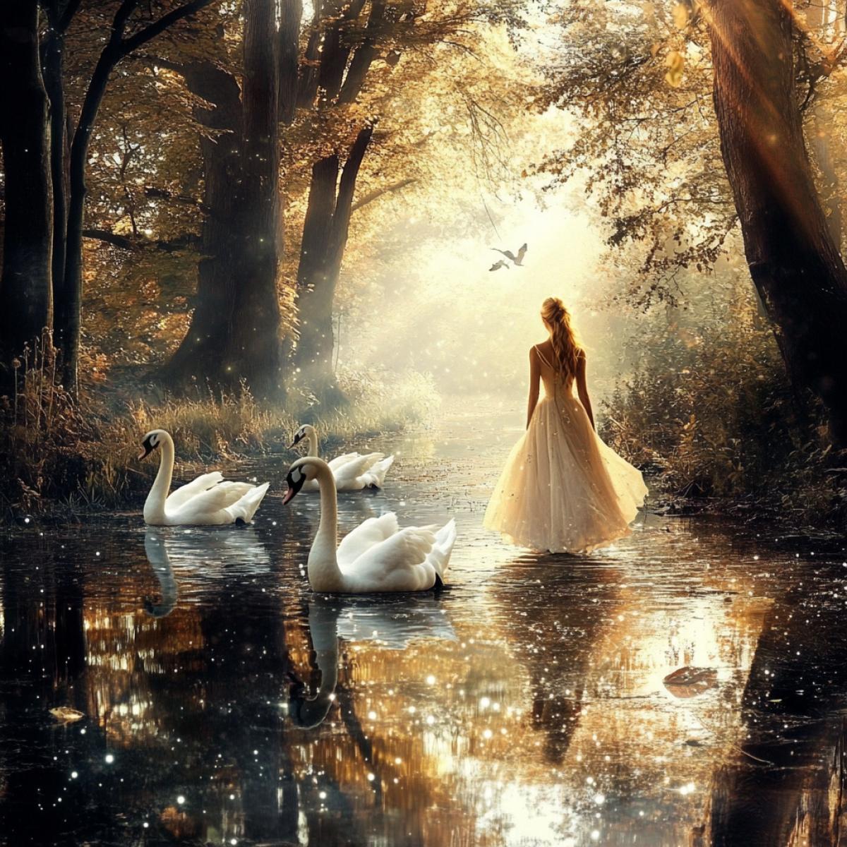 Princess Walking Swans on a magical and atmospheric forest