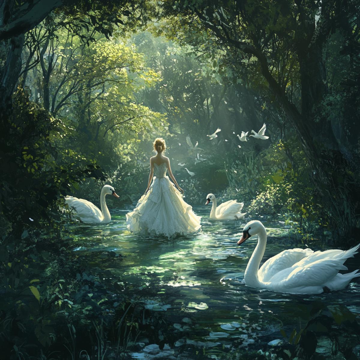 Princess Walking Swans on a magical and atmospheric forest