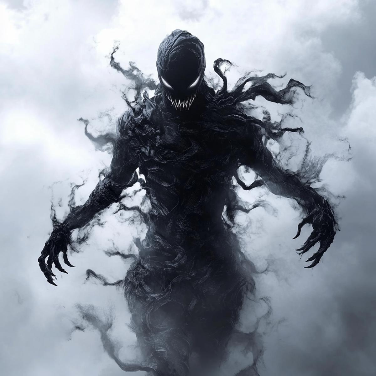 A vampire merged with a cosmic symbiote, weapons, fangs, against the background of fog, tumbles overflowing tones, high detail, realistic graphics