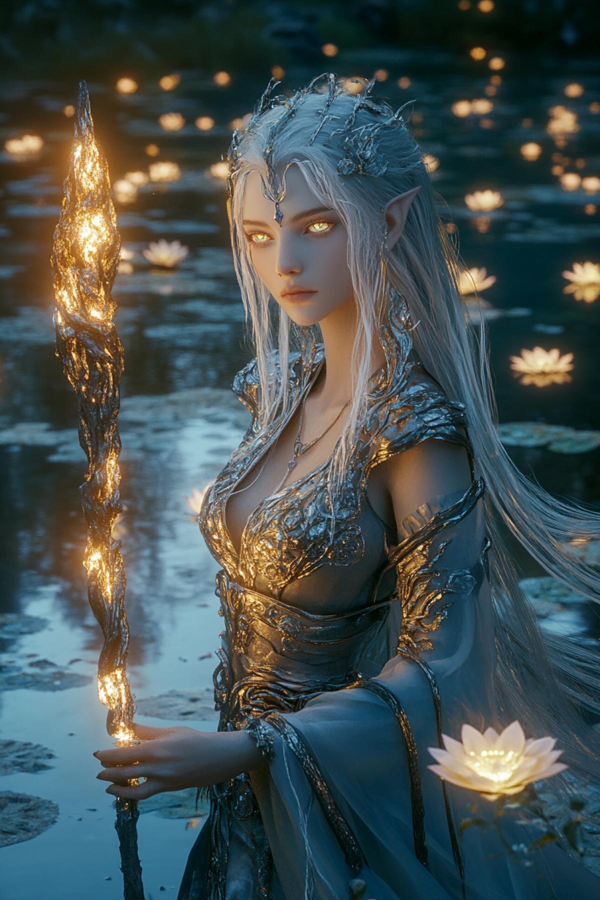 An ethereal female warrior with luminous silver hair flowing like liquid stardust, wearing delicate, intricately woven armor of crystal and gold. Her eyes are radiant sapphires, glowing with otherworldly power. She stands at the edge of an iridescent lake surrounded by floating, glowing lotus flowers. Her staff, crafted from crystal entwined with living silver vines, pulses with vibrant energy. Hyperrealistic textures, cinematic com4k, (Masterpiece: 1.5), (best quality: 1.5), ultra-HD 8K, divine atmosphere, dramatic depth.