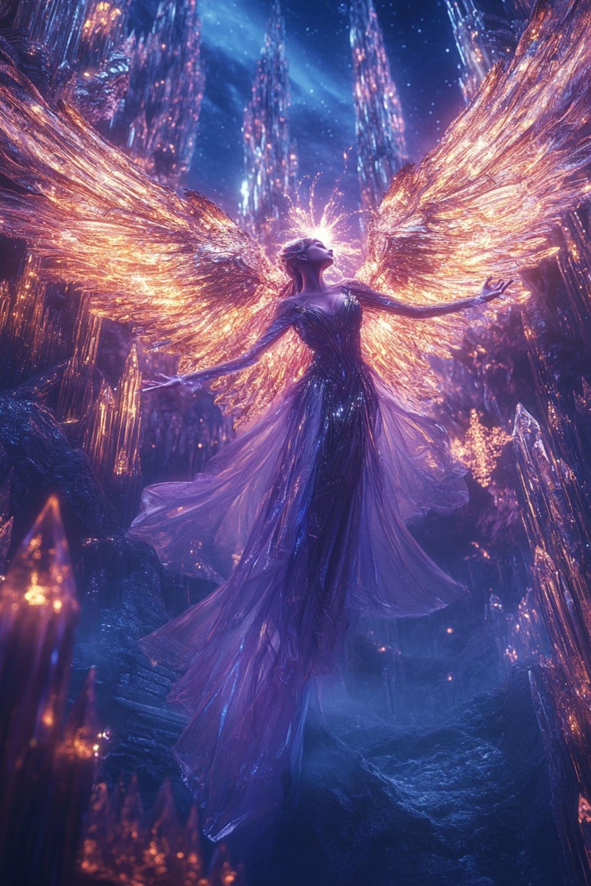 A mesmerizing female sorceress with radiant, feathered wings of gold and sapphire. Her flowing gown shimmers like liquid silk, reflecting the colors of a brilliant sunset. She floats above an ancient city of crystal spires, her hands weaving complex spells that leave glowing trails in the air. Eyes burning with intelligence and curiosity. Hyperrealistic textures, cinematic com4k, (Masterpiece: 1.5), (best quality: 1.5), ultra-HD 8K, celestial atmosphere, dramatic depth.