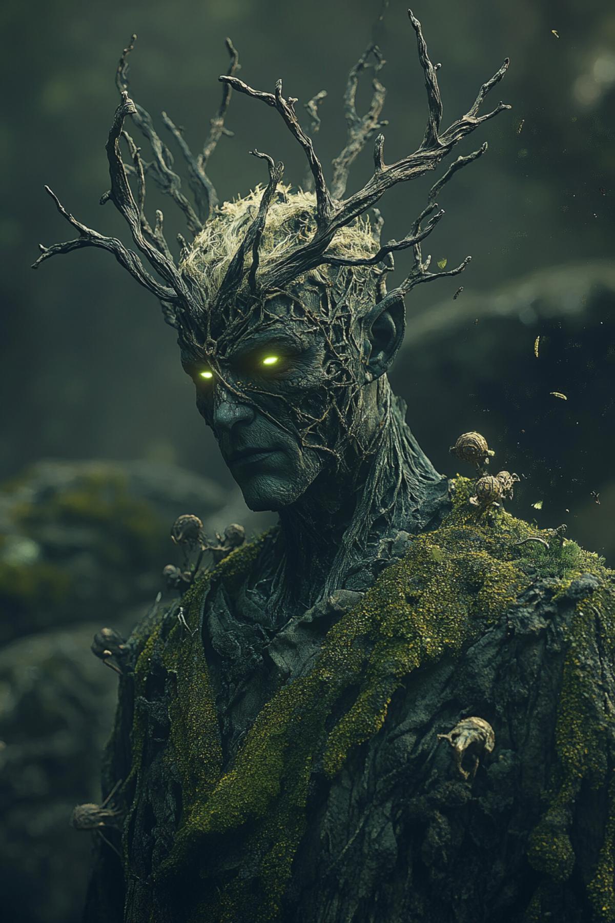 A mystical male shaman with antler-like branches growing from his head, his skin painted with glowing runes that pulse with life. His robes are woven from moss, leaves, and shadow, blending seamlessly with the dark forest surrounding him. Small creatures of the forest cling to him as if drawn to his presence. Eyes that shine like emeralds, with a gaze that pierces through the veil of reality. Hyperrealistic textures, cinematic com4k, (Masterpiece: 1.5), (best quality: 1.5), ultra-HD 8K, dark mystical atmosphere, dramatic depth.