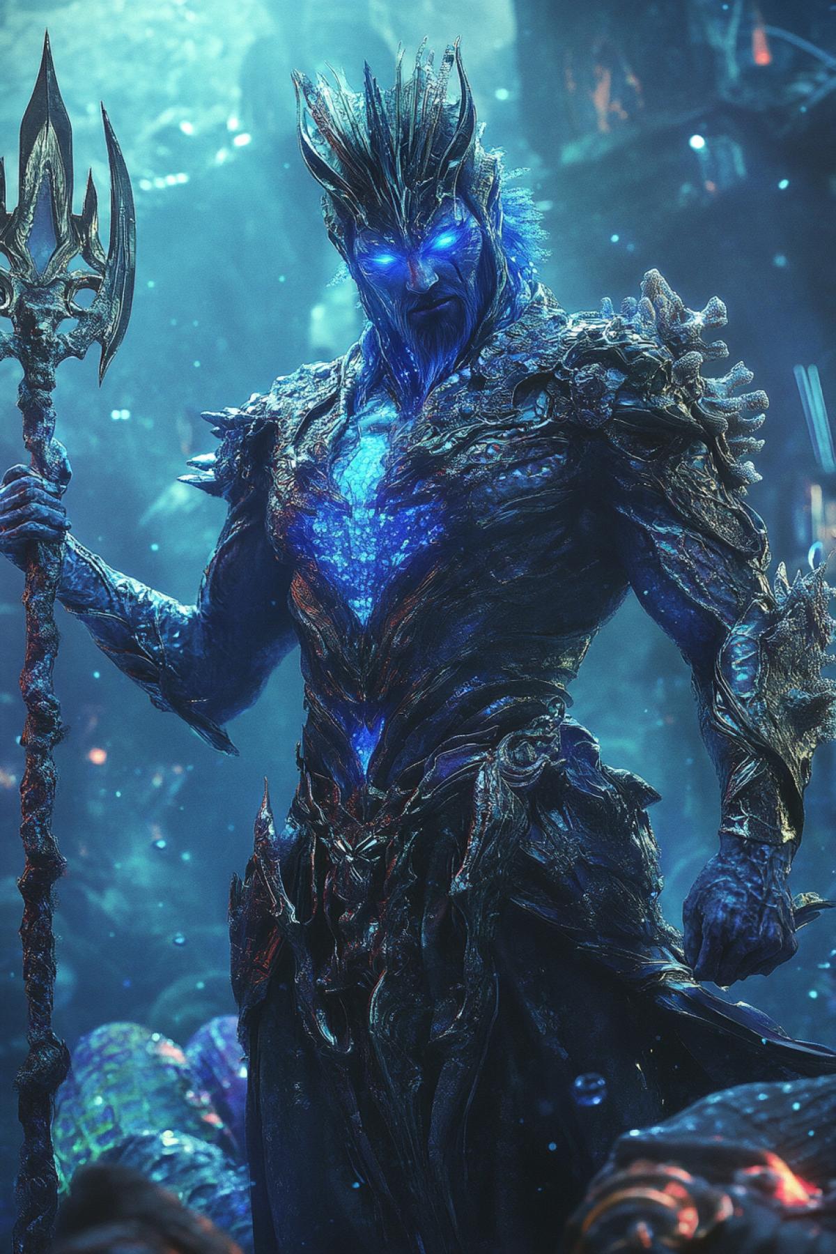 A towering male guardian with skin like polished obsidian and veins glowing with bioluminescent blue light. Coral and shell fragments form intricate armor over his broad shoulders. His eyes are deep oceanic blue, swirling with ancient wisdom. He stands within a sunken temple, surrounded by aquatic life, holding a trident carved from living coral. Hyperrealistic textures, cinematic com4k, (Masterpiece: 1.5), (best quality: 1.5), ultra-HD 8K, aquatic atmosphere, dramatic depth.