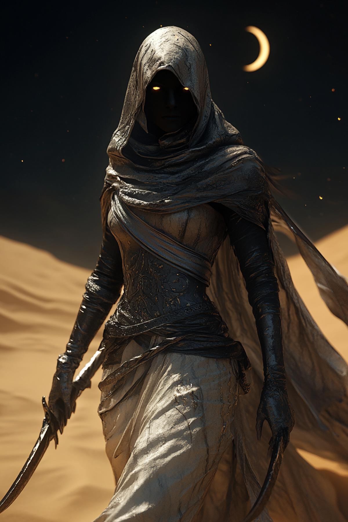 A fierce female assassinscreed cloaked in shimmering, shifting sand-like fabric, her skin marked with intricate tattoos that glow faintly under moonlight. She moves with lethal grace, wielding curved blades made of dark glass. Behind her stretches an endless desert of golden dunes under a twilight sky. Eyes sharp as obsidian, ever watchful. Hyperrealistic textures, cinematic com4k, (Masterpiece: 1.5), (best quality: 1.5), ultra-HD 8K, desert atmosphere, dramatic depth.