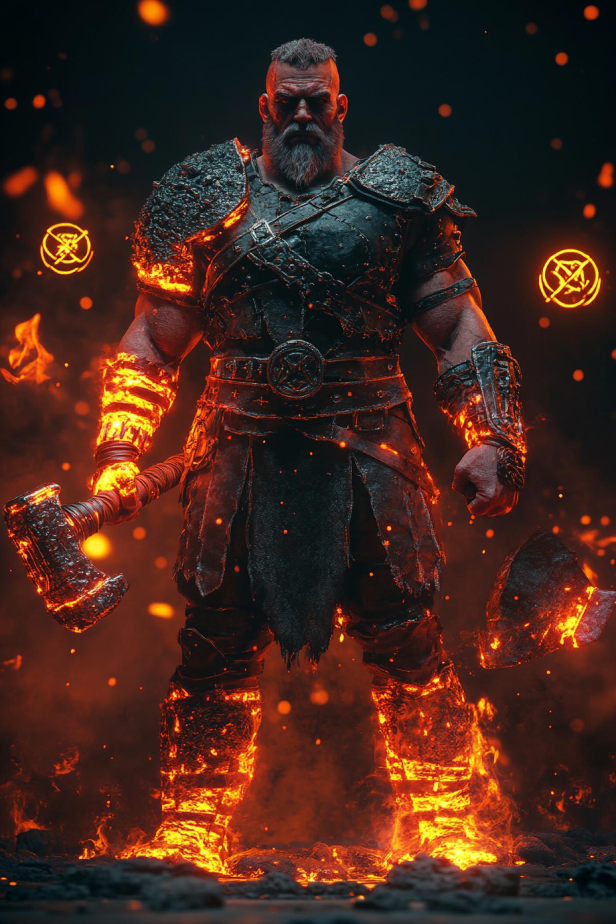 A massive male warrior forged from living magma, his encased in glowing, obsidian-like armor with veins of molten lava. His right arm is a hammer, constantly smoldering with heat. He stands in a forge surrounded by floating, fiery sigils, crafting weapons of unimaginable power. His gaze burns with fierce determination. Hyperrealistic textures, cinematic com4k, (Masterpiece: 1.5), (best quality: 1.5), ultra-HD 8K, volcanic atmosphere, dramatic depth.